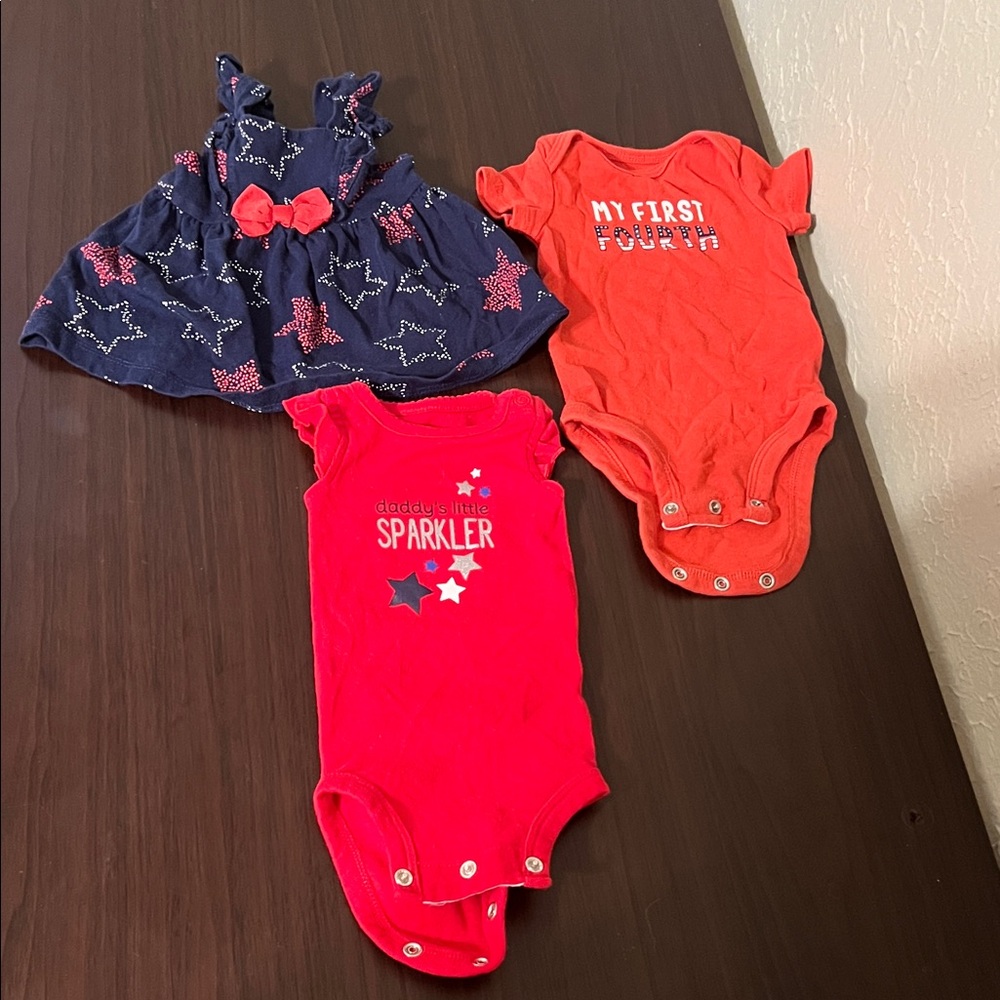 Fourth of July Newborn Girl Lot Onesie and Dress Set - Red and Blue